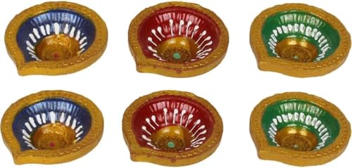 Pound Veg Set of 6 Handmade terractor Diwali Diya Multicolour Oil Lamps for Pooja Deepak Decoration Rangoli Diva Deepam Decorative Lighting Accessories (6 Non Wax Diya)