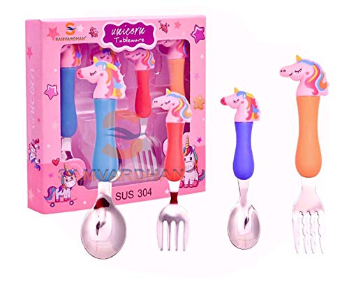Image of Samvardhan Stainless Steel Unicorn Tableware Set Cutlery Unicorn Spoon and Fork Set for Babies Set of 4 Includes 2 Forks 2 Spoons