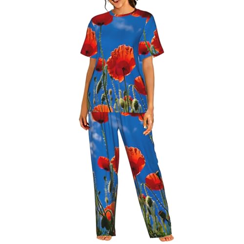 Pyjama manches courtes femme bleu ensemble nuit léger imprimé fleurs