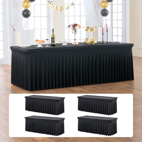 Image of 4 Pack Black Fitted Spandex Table Cloth Rectangle 8ft, Wrinkle Free High-Stretch Skirted Tablecloths for 8 Foot Rectangle Tables, Decor Parties Weddings Birthday Banquet Spandex Table Cloths Cover