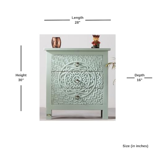 JAE Furniture Wooden Carved Chest of 3 Drawer Cabinet | Wooden Storage Furniture for Home | Chest of Drawers Wooden for Living Room | Antique Stylish Organization and Home Decor Light Green Finish