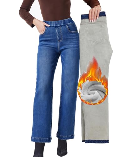 Fakanhui Women's Wide Leg Fleece Lined Jeans Winter Thermal Flannel Lined Jeans Loose Pull on Jeans
