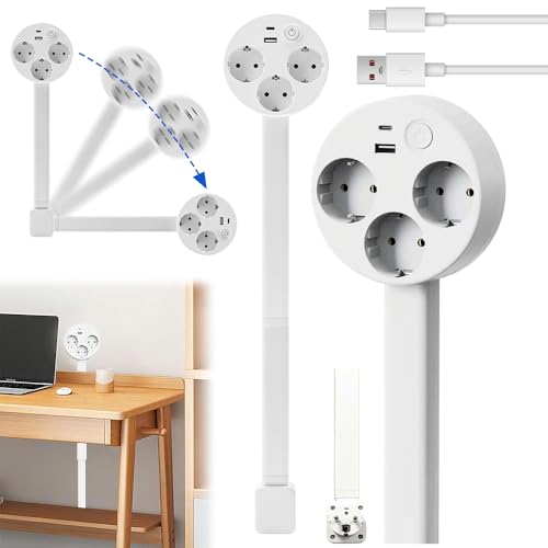 PLLYPE Steckdosenverlängerung mit ausziehbarer (45-70cm) 3-Fach Steckdose 1 USB-A und 1 USB-C 180schwenkbar Steckdosen-Verlängerung mit ausziehbarer Verlängerungsstange