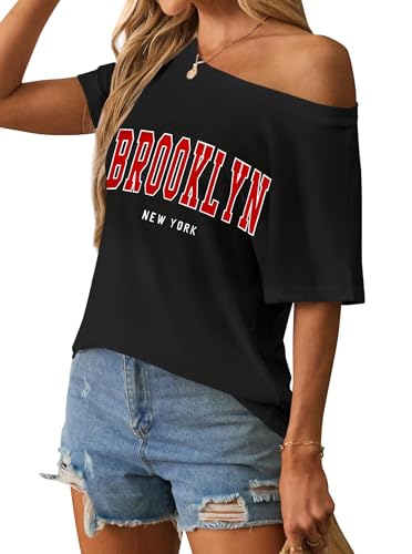 Image of Hilinker Womens Sexy Off The Shoulder Tops Short Batwing Sleeve T Shirt Oversized Casual Tee