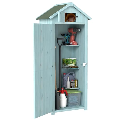 Outsunny Armario de Jardín de Madera 77x54,2x179 cm 0,3 m² Cobertizo para Almacenaje de Herramientas con 3 Estantes y 2 Puertas con Cerrojo para Patio Terraza Azul y Verde