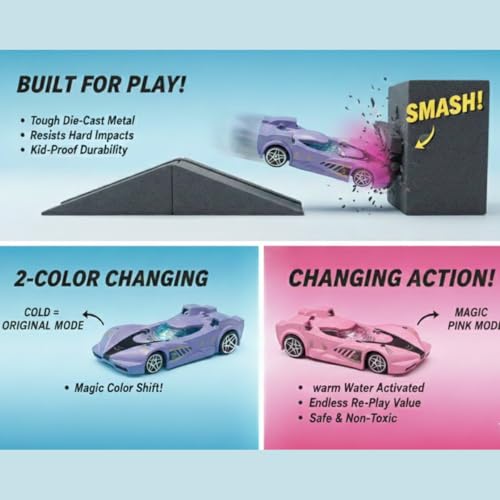 Image of GENIE'S TOY BUS Color Changing Die-Cast Racing Car I 1:64 Scale Temperature Sensitive Paint Sports Car I Change Color with Water I Kids Collectible Toy for Ages 3+ I Best Birthday Gift for Kids
