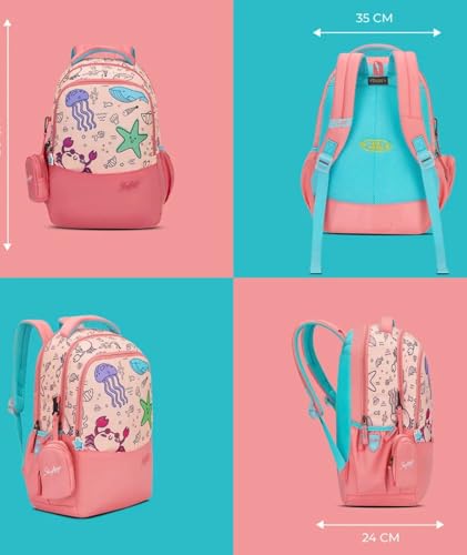 Image of Skybags Ruby Soft Feel Fabric 3 Compartments 2 Bottle Pockets Detachable Happy Pouch 22 Liters School Backpack For Girls