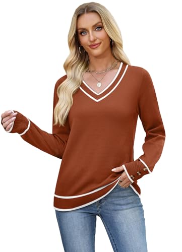 Image of WIHOLL Lightweight Sweaters for Women Long Sleeve V Neck Knit Outfits with Decorative Buttons