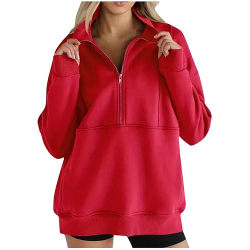 MaMiDay Lightweight Sweatshirts for Women Quarter Zip Pullover Women Mock Neck Oversized Sweatshirts Casual Trendy Workout Hoodies Fall Fashion Outfits Red