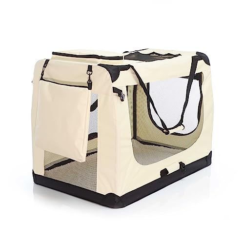 Fudajo Faltbare Transportbox für Hunde, Katzen XXXL (101x68x70cm), robust, leicht, sicher, Hundebox mit Tragegriff und Decke, Beige