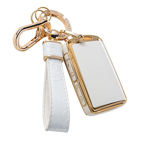 Muzizyq for Mazda Key Fob Cover with Leather Keychain Soft TPU Protection Key Case Compatible with Mazda 3 Hatchback 2020-2022 CX-5 Smart Key Holder White