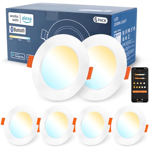 DUSKTEC LED Downlights Ceiling for Alexa, 7W 3in Bluetooth LED Spot Lights, APP & Voice Control Smart Spotlights, Warm White to Daylight Dimmable Recessed Ceiling Lights for Bedroom Kitchen, 6 Pack