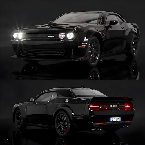 Image of Dodge Challenger SRT Hellcat 1:24 Diecast Car - Metal Model with Openable Doors, Sound & Light, Pull Back Action - Realistic Collectible Toy Car for Kids & Adults- Black