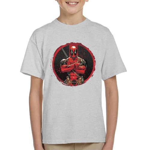 All+Every Marvel Deadpool Blood Splatter Arms Folded Kid's T-Shirt Heather Grey