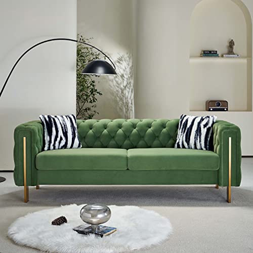 Image of Dolonm Modern Velvet Sofa for Living Room, 84 Inches Long Tufted Couch Upholstered Sofa with 2 Pillows High Arm and Metal Legs Decor Furniture for Bedroom, Office (Turquoise)