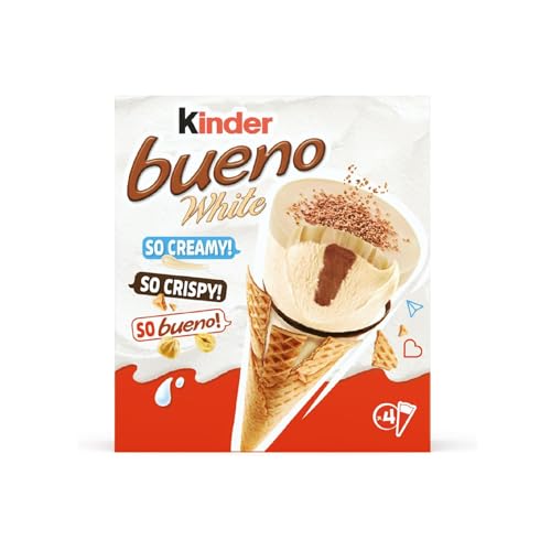 Kinder Bueno Gelato White - 4 Coni di Cremoso Gelato alla Nocciola Ricoperto da un Disco Croccante alla Nocciola e Pepite di Cacao, Ottimo a Merenda, Confezione da 248 Grammi