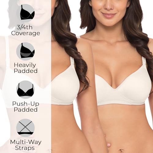 Image of Komli - Heavily Padded Push-Up Bra - Cotton Rich - Balconette - 3 /4th Coverage, Seamless, Wireless, Multiway Straps - T-Shirt Bra (Pack of 2)