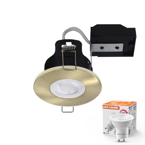 Image of paul russells Dimmable LED Downlights Recessed Ceiling Lights, Fire Rated GU10 Spotlights Can, 65-70mm, IP65, 4.5Watt = 50W Equivalent, Antique Brass Bezel, Include 2700K Warm White Bulb, 1 Pack