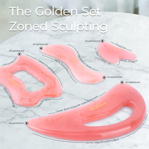 Image of Scienlodic 4 Pcs Gua Sha Massage Tools for Face & Body (Pink, Resin) - Guasha Scraping Tool for Jawline Contouring, Puffiness Reduction, Neck, Back, Legs & Muscle Relaxation