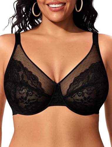ProKloud Minimizer Bras for Women Full Coverage Plus Size Underwire Bras Supportive Lace Enchante Bra for Large Breast Black