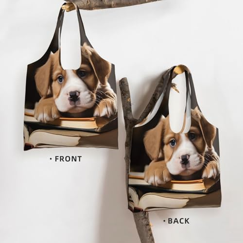 Canvas Tote Bag for Women Shoulder Tote Purse Reusable Grocery Bag Puppy Dog with Book Aesthetic Shopping Bags3
