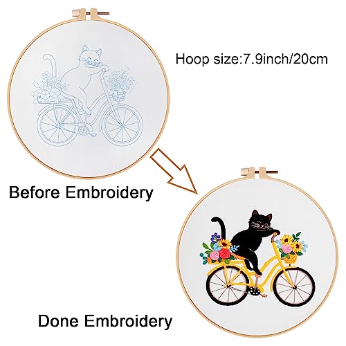 Image of Louise Maelys Cat Bicycle Embroidery Kit for Beginners Floral DIY Craft | A Cross Stitch Kits Complete Set Featuring a Cat Bicycle Design for Creative Stitching and Needlepoint Kit