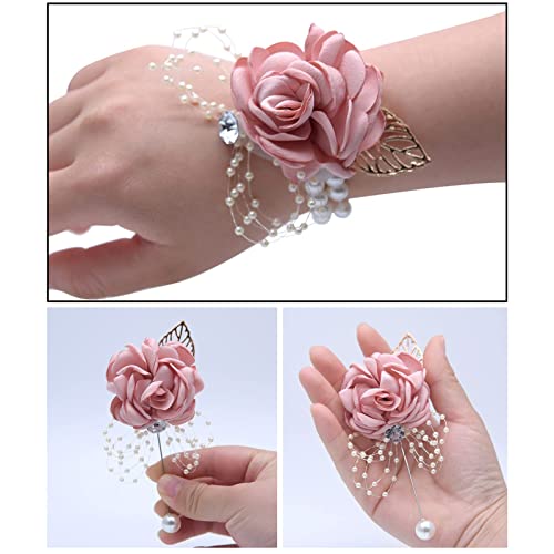 KASTWAVE Rose Corsage Bracelet Set, 2 Pcs Floral Wedding Wrist Corsage with Rhinestone and Pearl, Hand Flower Bracelet Silk Rose Boutonniere Set for Wedding, Bridal Shower, Prom, Bridesmaid (Pink)