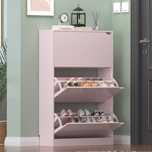 Image of Shoe Storage Cabinet for Entryway, Pink Shoe Cabinet with 3 Flip Drawers, Hidden Shoes Rack Freestanding Storage Organizer for Entryway,Closet, Living Room,Hallway 47.24 inchH x 31.50 inchW x 9.44 inchD