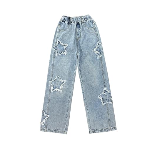 Star Jeans Girls Baggy Y2k Aesthetic Denim Pants Casual Elastic Waist Straight Trousers with Pockets