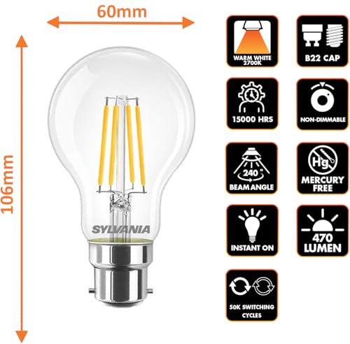SYLVANIA GLS Clear Filament LED Light Bulbs, B22, 4.5W, 470 Lumens, Warm White 2700K - 6 Pack - Image 2