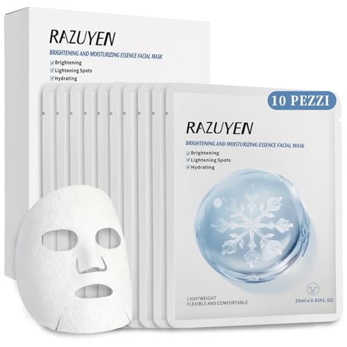 RAZUYEN Maschere Viso (Confezione da 10) Illuminante e Idratante, con Acqua di Rose Pura e Niacinamide, Maschere Viso in Tessuto per Pelli Spente e Non Uniformi,