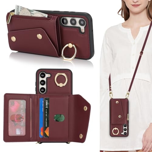 Lipvina Funda para Samsung Galaxy S23 Plus con Cordón Porta Tarjeta Funda con Cremallera Cartera Mujer Teléfono Móvil Ajustable Collar Funda Funda con Anillo para Mujer - Rojo