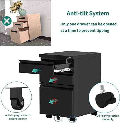 3-Drawer Mobile File Cabinet With Lock, Office Storage Filing Cabinet For Legal/Letter Size, Pre-Assembled Metal File Cabinet Except Wheels Under Desk (Black) #TOP3