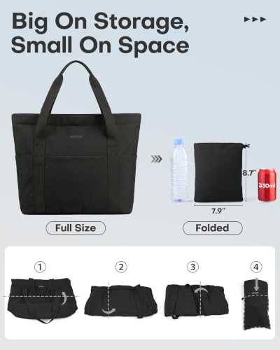 Hotor Large Foldable Travel Tote Bag w/ Pouch (Black) - image 7