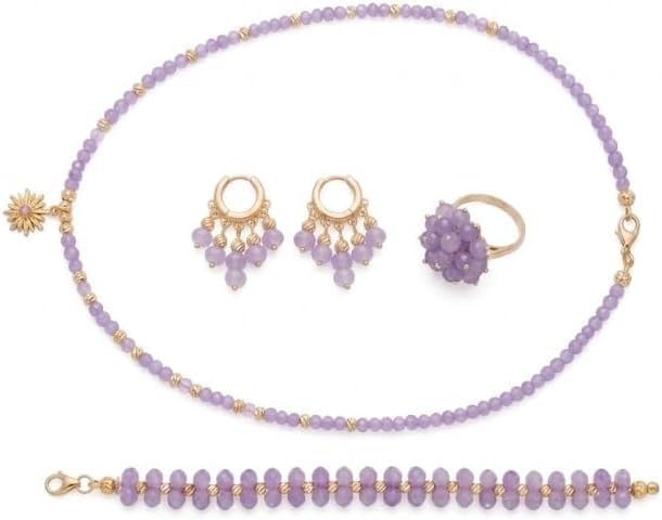 Juego de joyas de cuentas de cristal morado con detalles dorados, chapado
