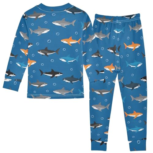 Pajama Sets Long Sleeve Shark Pattern on Blue Soft Comfy Sleepwear 2 Piece PJS 3-8T3