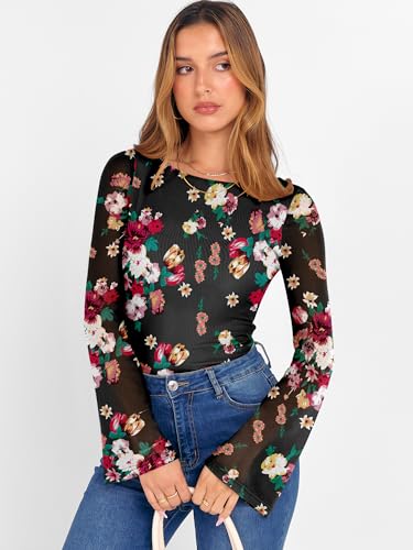 Prinbara Womens Bell Long Sleeve Tops Mesh Floral Boat Neck Double Lined Sheer Night Out Date Skinny Shirts 2025 Fall Clothes3