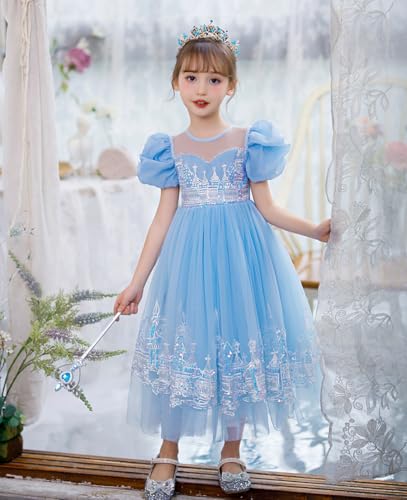 Girls' Short-Sleeved Party Dress,Frozen Princess Elsa Dress up, Tulle Ball Gown, Blue4