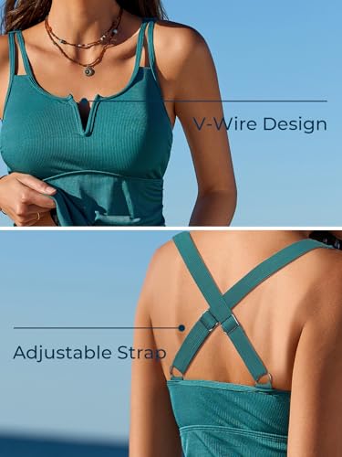 Image of Summer Mae Tankini Swimsuits for Women 2026 Bathing Suits Top Ruched Two Piece Tummy Control V-Wire Modest Swim Suits | Modest Bathing Suit, Flattering Swim Suit, Swimsuit with Adjustable Strap, Tankini with Shorts, Boy Shorts with Sporty Pocket