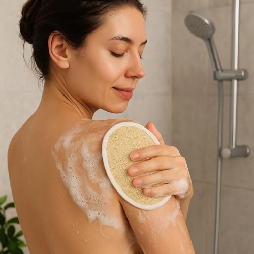 Image of NOAK Natural Oval Loofah for Bathing | Soft & Smooth Body Scrubber | Gentle Exfoliation for All Skin Types, Removes Dead Skin Cells | Easy-to-Hold Bath Sponge | Attractive Pouch Designs | Pack of 2