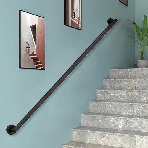 Pasamanos de escalera, pasamanos de pared de 1, 2, 3, 4, 5 y 6 metros, pasamanos de hierro forjado de metal negro para interiores y exteriores, barra de soporte de seguridad de tubo cuadrado(200cm)