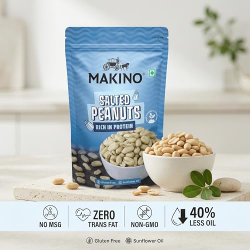Image of Makino Salted roasted Peanuts,Pack of 2 (140g) Each - Crunchy Khari Sing, Groundnut | Only Roasted Not Fried, High in Protein, Gluten Free, Zero Cholesterol & Trans Fat, 100% Natural Gujarat Groundnuts