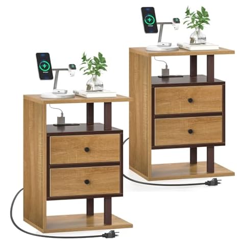 Bingoday Night Stand Set 2 with Charging Station Bed Side Tables Bedroom Set of 2 End Tables Living Room Set of 2 Bedroom Side Tables Set of 2 with Charging Station Cover