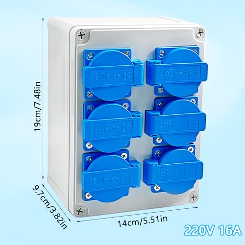 Wandverteiler Stromverteiler 6 x 220V, Wasserdichtheitsklasse IP54, Flammhemmende Technische Kunststoffe, Aufputz Verteiler für Indoor/Outdoor-Bereich Uswgeeignet