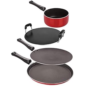 Nirlon Non-Stick 4 Piece Gas Compatible PFOA Free Cookware Utensil Gift Item, Red and Black