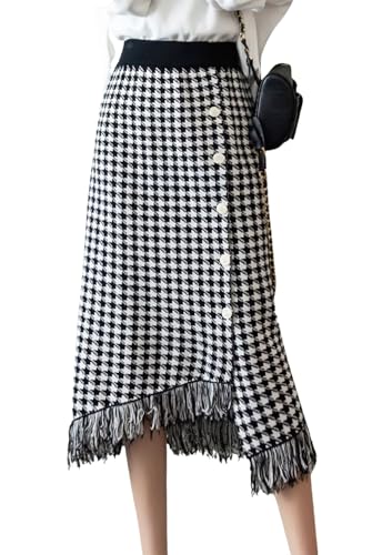 chouyatou Women's Fall Winter Elegant Houndstooth Tassels Fringe Knit Skirt