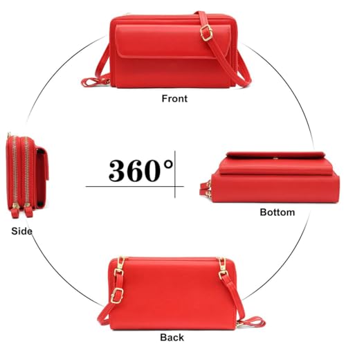 Image of Women Leather Wallet Crossbody Shoulder Bag with Double Zipper and Mobile Phone Purse with Shoulder Strap