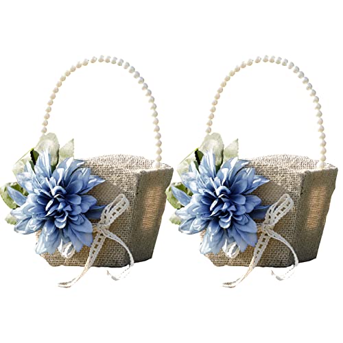 MODUDY Blaue Blumen-Hochzeitskörbe mit Schleife, Jute-Korb, Haushalts-Aufbewahrungskorb, rustikal für Hochzeitszeremonie, Party, 2 Stück Cover