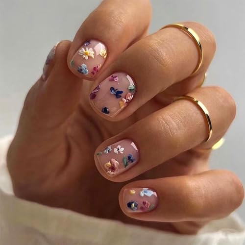 Short Press on Nails Cute Flowers Fake Nails Square Acrylic Nails...