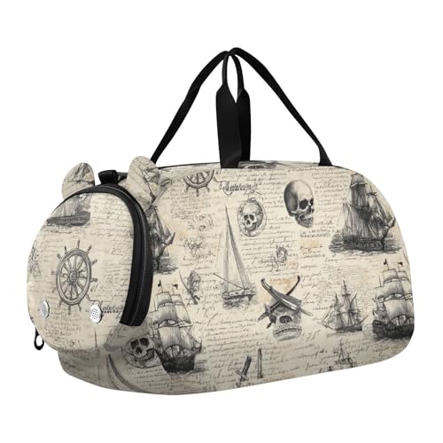 Beige Pirate Sailing Ships Skull Flags CuwrYet Duffel Bag Sports Gym Bag Travel Overnight Bag With Shoe Compartment School Dance Tote Weekender Bag For Boys Girls Kids